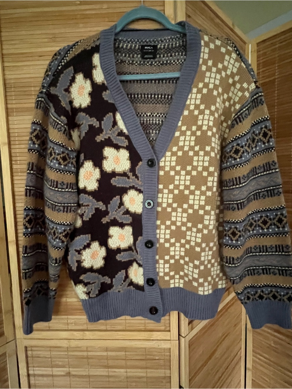 RVCA Floral & Geometric Patchwork Cardigan - Brown, Blue & Cream